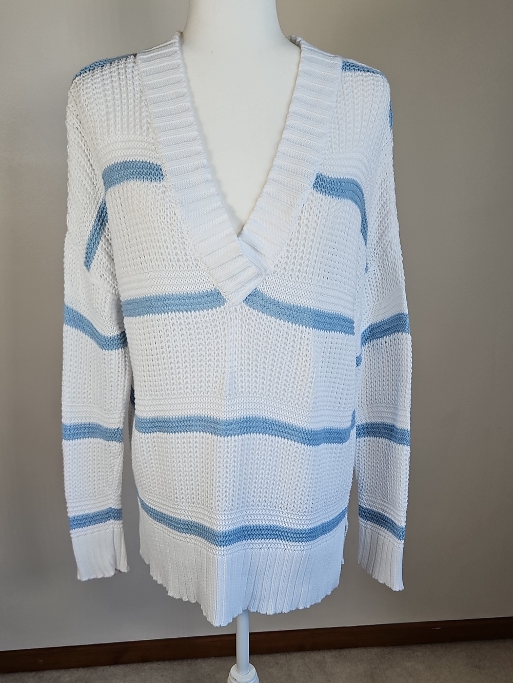 Kinross Cable V Neck Sweater White Blue Stripe Lightweight Knit 100% Cotton LG